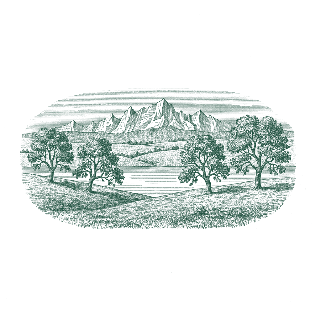 Green engraving of wooded foothills, with cottonwood trees and a reservoir below a rocky ridge